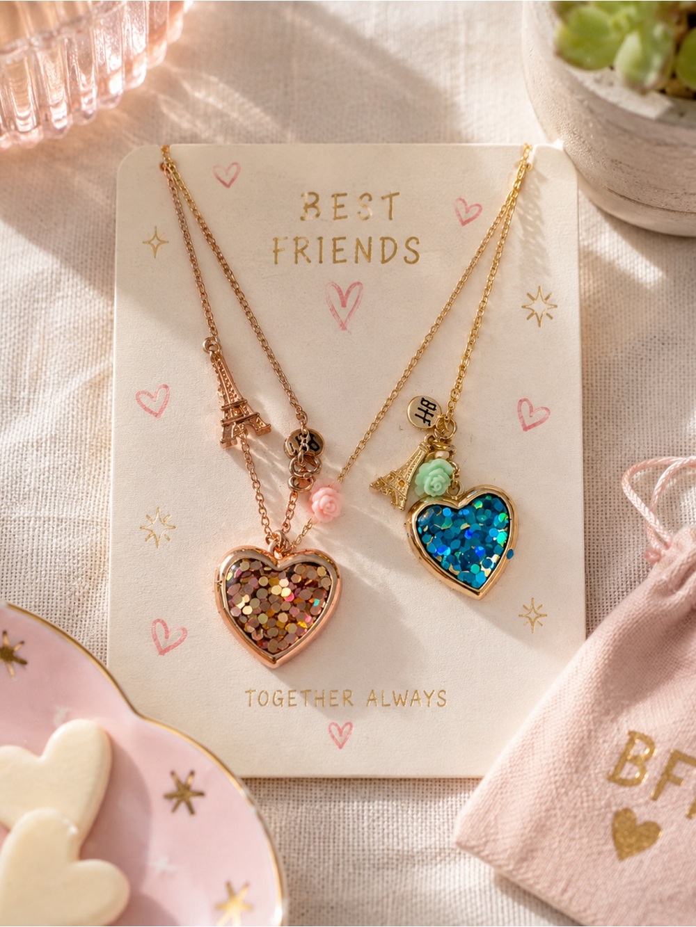 Claire's Kids Glitter Heart Locket BFF Necklace Set - 2 Pack Gold Tone EUC